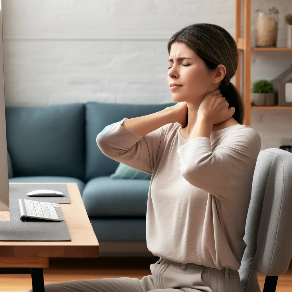 A woman experiencing neck pain, holding her neck with one hand and looking pained. The setting is a bright, clean home environment with ergonomic furn