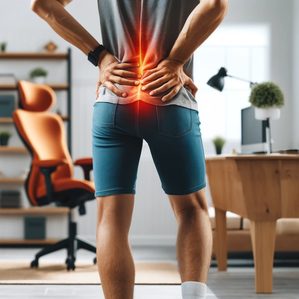 A person experiencing sciatica, holding their lower back with one hand while the pain radiates down the back of their leg, from the buttock to the thigh