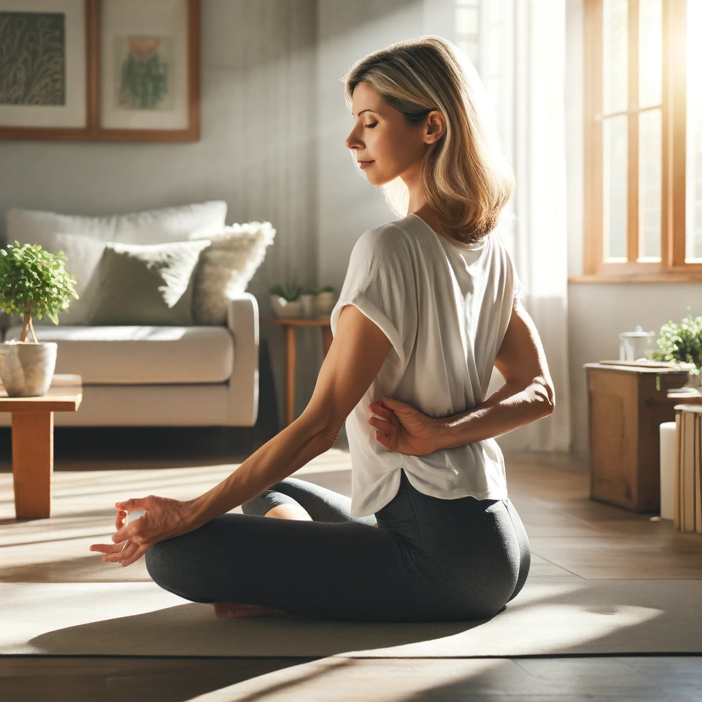 A peaceful and calming image depicting a middle-aged Caucasian woman in her home, practicing yoga to manage her back pain. She is performing a gentle yoga pose, such as a seated twist, in a sunlit living room. The room is decorated minimally with plants and soft, natural colors to enhance the serene atmosphere. The woman appears focused and at ease, demonstrating a positive approach to self-care for back pain. No text is visible in the image.