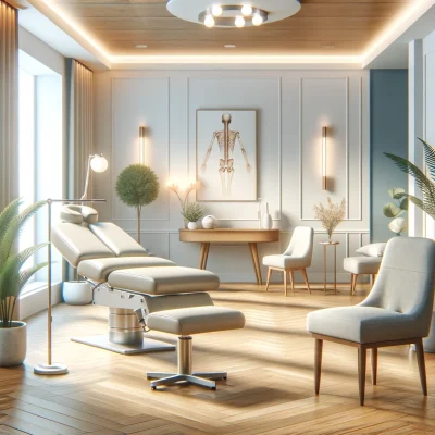 A serene and inviting medical office with modern design elements focused on back pain therapy. The image should feature a well-lit room with ergonomic chairs, a therapy table, and subtle decorations like plants and calming artwork. The atmosphere should convey a sense of tranquility and professionalism, suitable for an osteopathy clinic. The scene should include no people and no text, aiming to evoke a feeling of relief and healing.